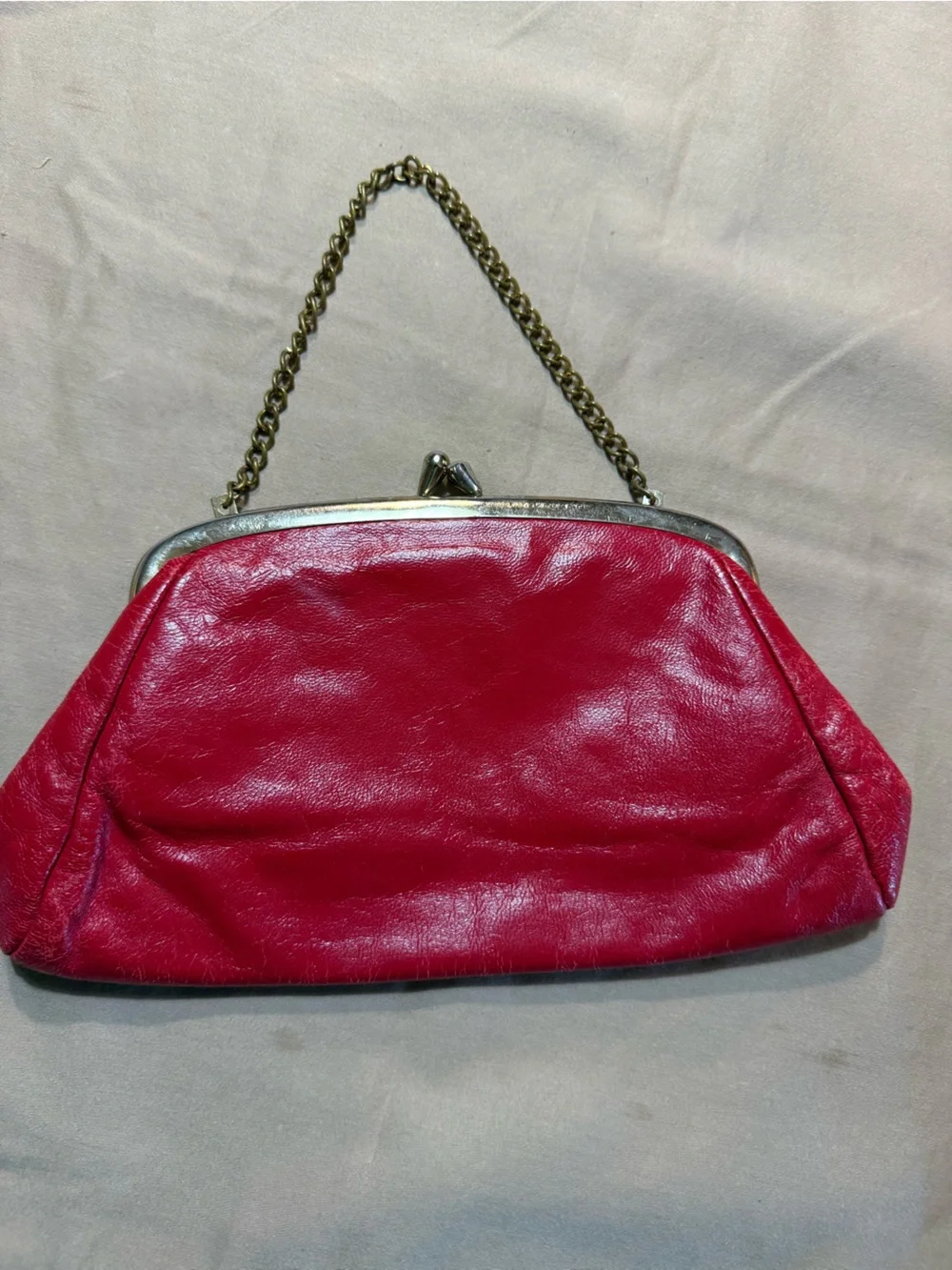 Vintage Red Leather Kiss-Lock Clutch With Chain
